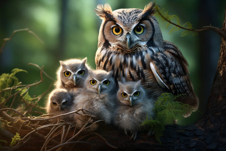 An Owl and Her Babies in Nature Generative By Ai.の素材