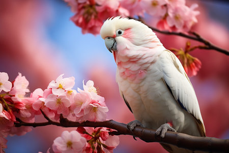 Beautiful Pink-White Parrot on a Blossoming Branch Generative By Ai.の素材