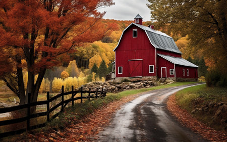 Vintage Red Barn Surrounded by Fall Foliageの素材