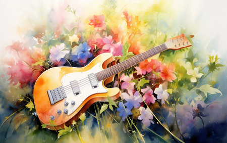 Sunlit Guitar Among Flowers Watercolorの素材