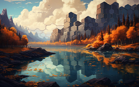 Digital Painting of Tranquil Lakesideの素材