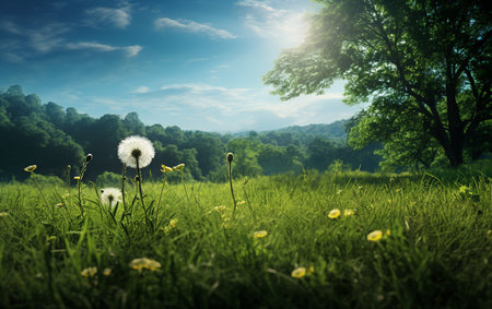 Delicate Dandelion in a Lush Green Meadowの素材