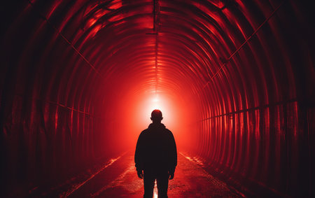 Man Standing in Tunnel Illuminated by Red Lightの素材