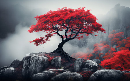 Striking Red Tree in a Scenic Landscapeの素材