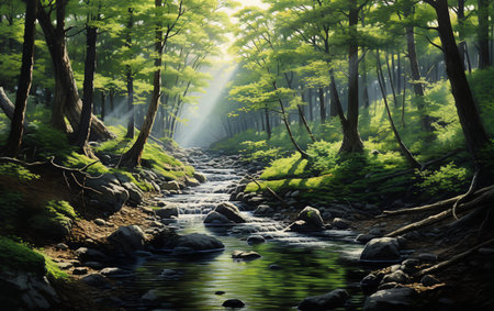 Tranquil Forest Scene with Stream Paintingの素材