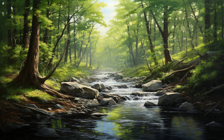 Tranquil Forest Scene Art with Flowing Streamの素材