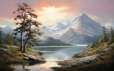 Serene Mountain Landscape Painting with Treeの素材