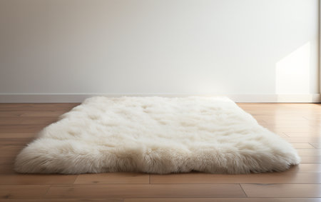 Fuzzy Throw Rug on Hardwood Floor on a White Background Generative By Ai.の素材