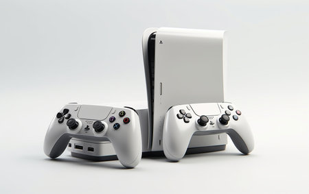 Gaming Console and Controllers on a White Background Generative By Ai.の素材