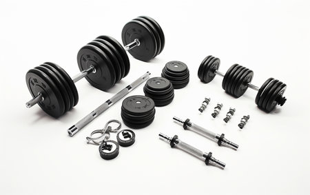 Home Gym Equipment including Dumbbells on a White Background Generative By Ai.の素材