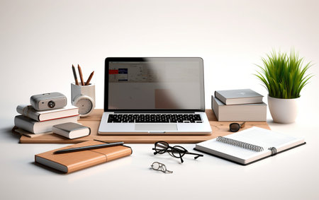 Home Office Desk with Laptop and Stationery on a White Background Generative By Ai.の素材