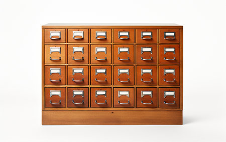 Library Card Catalog with Labeled Drawers on White Background Generative By Ai.の素材