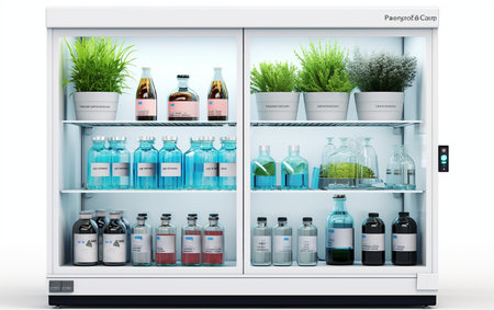 Laboratory Refrigerator with Samples on White Background Generative By Ai.の素材