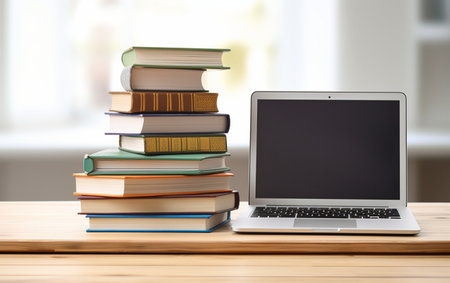 Open Laptop on a Study Desk with Stacked Books Generative By Ai.の素材