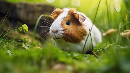 Guinea Pig Relaxing on Lush Green Grassの素材