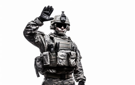 Determined Soldier in Full Combat Gear Salutingの素材