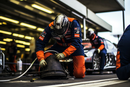 Professional Pit Crew at the Ready for Motorsports Action Generative By Ai.の素材