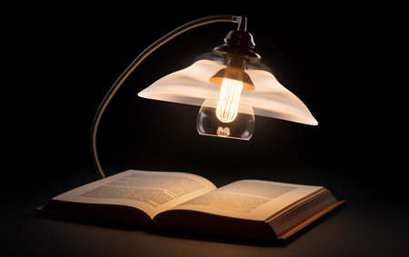 A Reading Lamp Illuminating an Open Book on White Generative By Ai.の素材