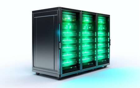 Server Rack with Blinking Lights in Data Center on White Generative By Ai.の素材