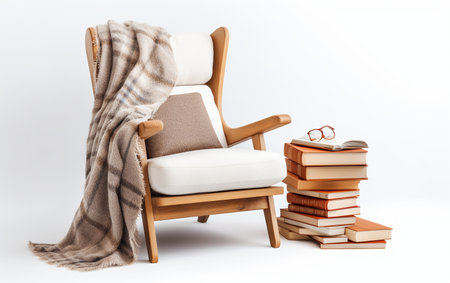 A Wooden Reading Chair with a Blanket and Open Book Generative By Ai.の素材