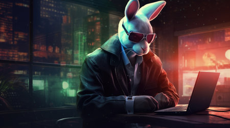 Cybernetic Rabbit work on laptop and wearing black glassesの素材