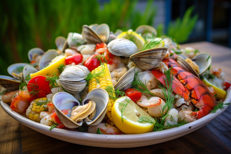 Clambake Feast Ready to Eat on a Plate generative by Ai.の素材