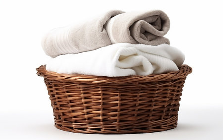 Laundry Basket with Folded Towels On White Background Generative By Ai.の素材