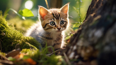 Portrait of a Playful Kitten between the treesの素材