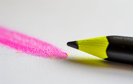 Close up of a black pencil on a white background with a pink strokeの素材