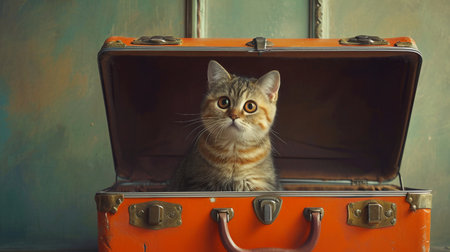 A cat sitting inside an open orange suitcaseの素材