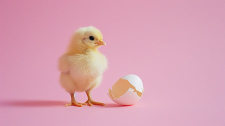 A tiny yellow chicken beside an eggshell on a pink backgroundの素材