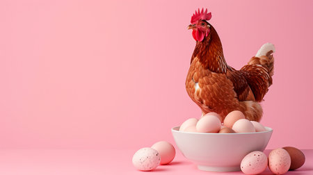 Full-Height Chicken Surrounded by a Bowl of Eggs on a Pink Backgroundの素材
