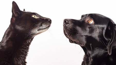 A black cat and dog against a white backgroundの素材