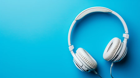 Stylish White Headphones Against a Blue Backdropの素材