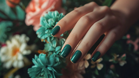 Image showcasing a glamorous woman's hand with forest green-colored nail polish on herの素材