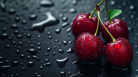 Water droplets on red cherries, presented in a dark silver and dark maroon style against a black backgroundの素材