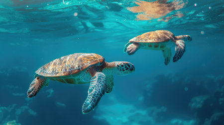 A Duo of Sea Turtles Gliding Through Crystal Watersの素材