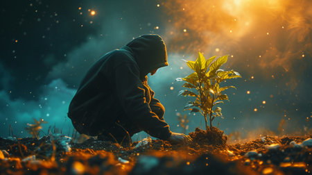 Image of a person planting a tree as a symbol of new beginnings and a healthier life on No Smoking Dayの素材