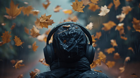 A man practicing mindfulness by listening to the sound of raindrops falling on leavesの素材