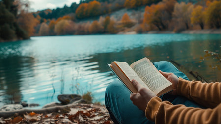 A Man enjoying a book by the side of a peaceful lake, promoting the idea of finding solace in nature and water bodiesの素材