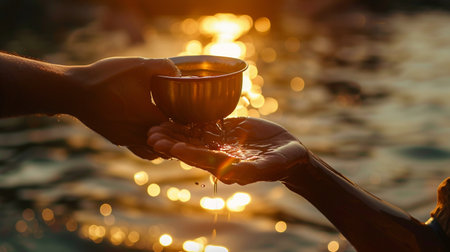 A man offering a cup of water to a fellow human, symbolizing the spirit of generosityの素材