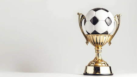 Gold soccer trophy accompanied by a black and white football ballの素材