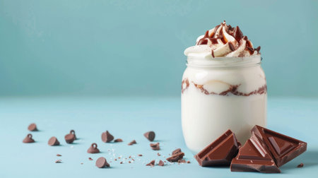 Glass Dish Laden with Yogurt and Chocolate on Cerulean Backdropの素材