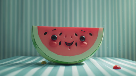 Adorable Melon Figure Displayed with Minimalist Geometryの素材