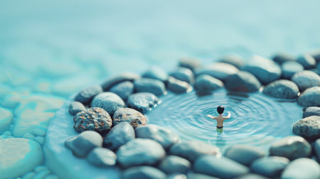 Depicting a miniature figure floating in a round thermal pool encircled by stonesの素材