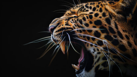 Macro shot of a leopard's mouth against a black backgroundの素材