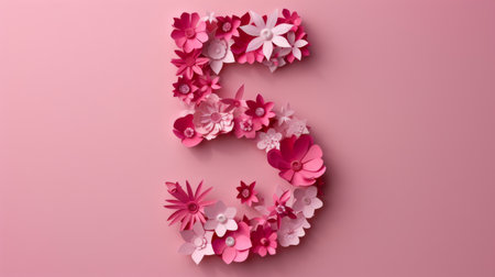 Paper-Cut Artwork Featuring the Number "5" Crafted from Paper Flowersの素材