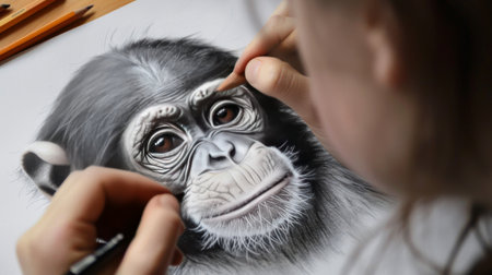 Adorable Child Painting Small Monkey on White Paperの素材