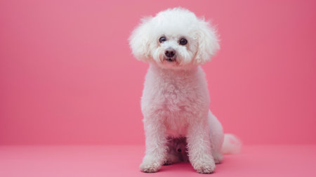 A graceful Bichon dog sits elegantly against a pink background.の素材
