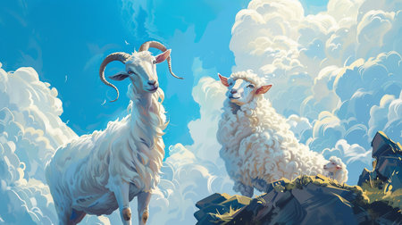 Eid ul Adha depicted with two goats and a sheep against a blue background with clouds, providing detailed realism.の素材